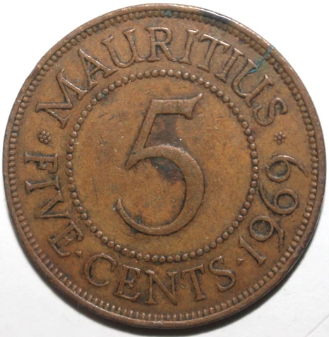 Mauritius 5 Cents Coin 1969 KM# 34 Queen Elizabeth II Five Cover