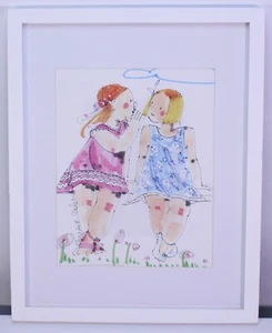 Quadro vintage Elizabeth Nabie arte incorniciato opaco piccoli segreti disegno penna firmata - Foto 1 di 14