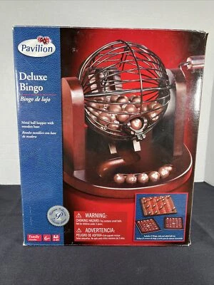Pavilion Games Deluxe Wooden Bingo Metal Ball Hopper Cards Chips Mahogany Finish - Image 1 of 4