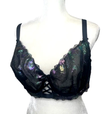 Cacique Size 42DD iridescent Black Lace Underwire BRA Underwire Holographic - Image 1 of 4