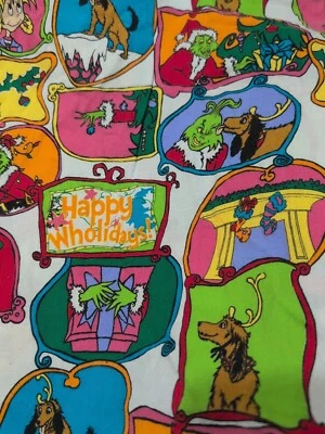 Cotton Fabric  VTG GRINCH White Red Green Xmas Dr Seuss Dog Max 2 ⅓ Yd X 44" - Image 1 of 3