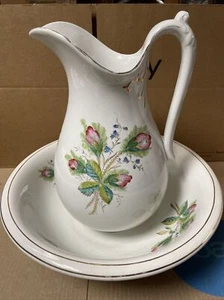 Antique Burgess & Campbell Ironstone China Pitcher & Wash Basin Floral Gold Trim - Picture 1 of 24