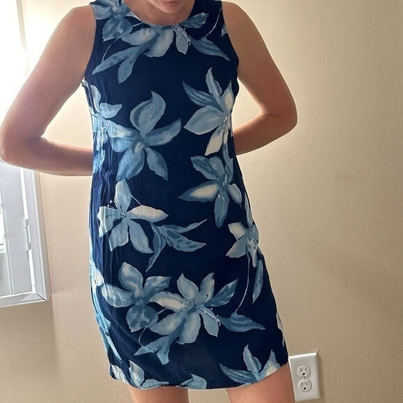 Vestido hibisco tropical antigo marinho Y2K 2000 feito na Itália tamanho 4 S azul - Imagem 1 de 4