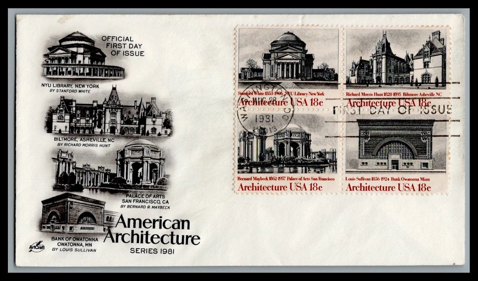 US FDC # 1928-1931 18c Architecture ArtCraft block  1981, 9M951 - Image 1 of 1