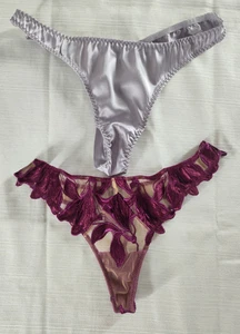 Fleur Du Mal Thong Lot (2) Gray Silk & Bordeaux Embroidered Lily & Beige Mesh - Picture 1 of 11