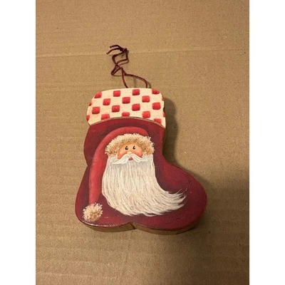 Hand Painted Wooden Santa Christmas Stocking Ornament Hanging Decor Signed - Image 1 of 4
