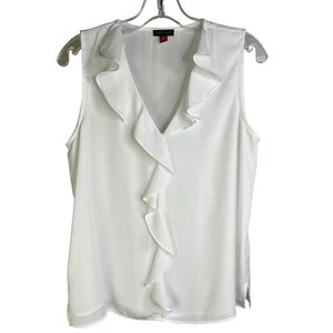 Vince Camuto V-Neck Sleeveless Blouse Women S White Ruffled Chiffon Top Romantic - Picture 1 of 8