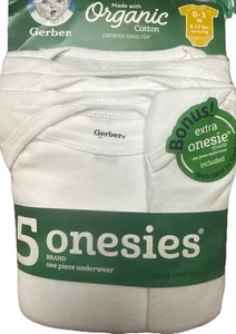 Gerber Onesies Short Sleeve One Piece White Unisex Organic Cotton 5 pack 0-3 mos - Picture 1 of 4