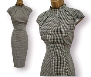 Karen Millen Black White Check Tweed High Neck Wool Wiggle Pencil Dress UK 12 - Picture 1 of 9