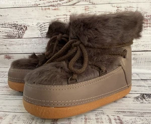 IKKII Women's Brown Leather Rabbit Fur Shearling Lined Boots Size 8 - Picture 1 of 12