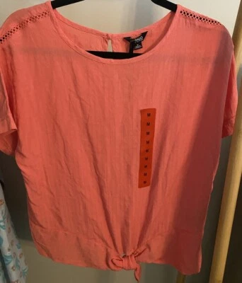 Buffalo David Bitton Tie Front Woven Top W/ Crochet Inserts.  Coral  Color SizeM - Image 1 of 3