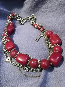 Vintage Fossil Brand Ruby-coloured Stone &chain Necklace - Picture 1 of 5