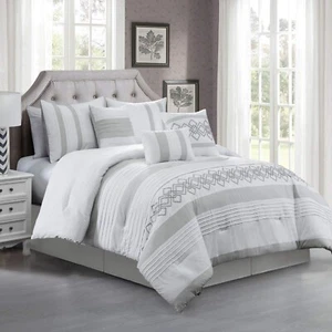 Chezmoi Collection Ariel 7-Piece Gray Geometric Chenille Embroidery Pleated S... - Picture 1 of 9