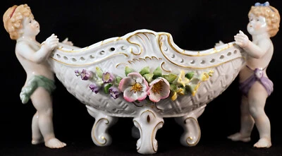 Antique Von Schierholz German Porcelain Center Bowl Cherubs Carrying Basket  - Image 1 of 4