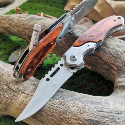Hunting, self-defense wooden handle with LED lighting portable sharp knife - Image 1 of 4
