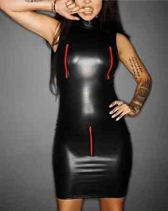 Black semi shiny faux leather PVC zip peek dress 38"/42" bust Size 12/16 UK New. - Picture 1 of 7