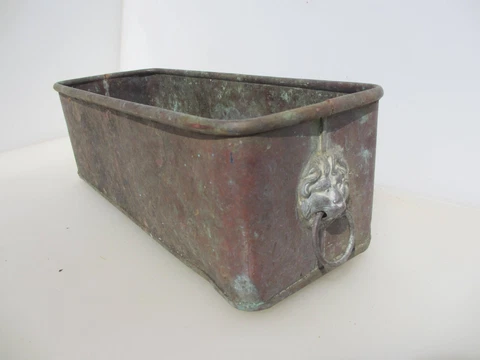 Vintage Copper Trough Tub Old Brass Lion Handles Planter Plant Pot Antique 16" Cover