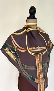 New Gucci Scarf Logo Horsebit Equestrian Green Red Brown Beige Silk Wrap - Picture 1 of 16