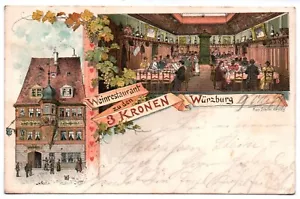 Litho Ak Weinrestaurant zu den 3 Kronen Würzburg 1899 - Bild 1 von 2
