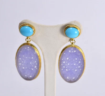 ORECCHINI ARGENTO 925 DORATO GIADA VIOLA TURCHESE NATURALE PRESSIONE   AGHT 0832 - Immagine 1 di 3