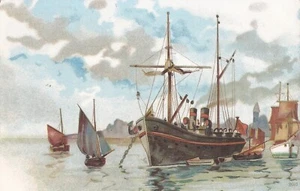ART - Harbor Scene - Masted Fishing Vessel - Sloops Sailing Vessels - Picture 1 of 2