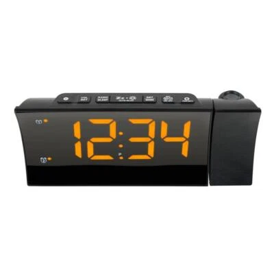 Clock Curved Black LED Projection Alarm Radio Adjustable Backlight USB Port - Image 1 of 4
