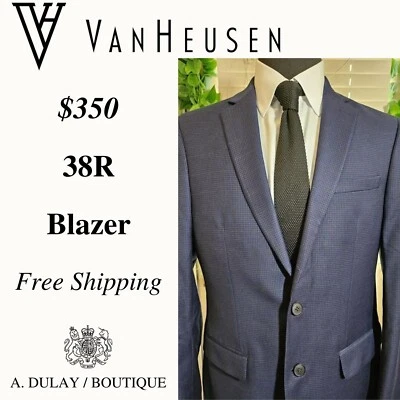 $300 NWOT VAN HEUSEN 38R Blue Navy Check Plaid Suit Men SLIM FIT Jacket Blazer - Image 1 of 4