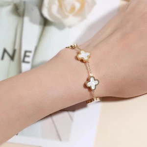 18K Gold Plated Anti-Tarnish 2-sided 4-petals Floral Clover Bracelet Water Safe - Picture 1 of 16