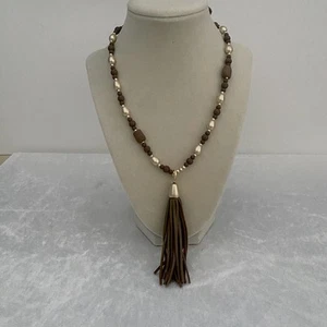 Tassel Necklace White Tan Leather Beaded Fringe Boho Hippie - Picture 1 of 7