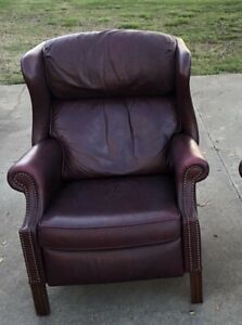 bradington young leather recliner red studded executive chair accent