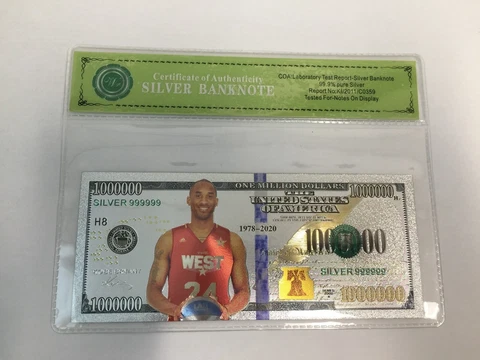 Silver 1 Million Kobe Bryant LA Lakers Banknote with Bag and Certificate Cover