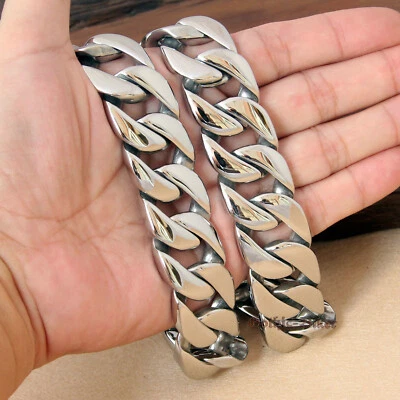 Men Wide Heavy Chain 316L Stainless Steel Cuban Link Necklace Bracelet 24mm Curb - Image 1 of 4