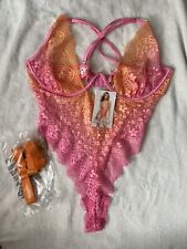 NWT DreamGirl Ombré pastel Pink Tangerine lace lingerie Bodysuit Garter Set XL