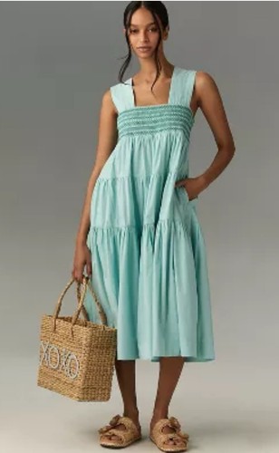 PALM ANGELS Abito midi Anthropologie Helena a strati smocked preppy boho vacay taglia XLP nuovo con etichette