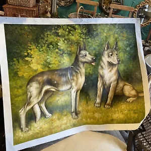 Dipinto ad olio originale su tela non firmato grande coppia antichi cani alsaziani - Foto 1 di 11
