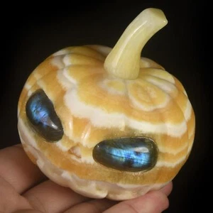 3.15" Orange Calcite Pumpkin Skull Carving halloween decoration gift, #37E28 - Picture 1 of 10