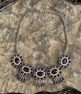 ✅Collar Grueso 17"-20" Marrón Imitación Piedras Preciosas Transparentes Tono Dorado Cadena Foto 1 de 4