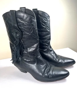 Sz 9 - LAREDO Womens Rodeo Cowboy Black Leather Boots Fringe Tassel USA Made - Picture 1 of 12