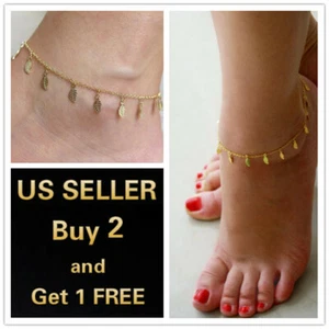 Leaf Feather Gold Anklet Ankle Bracelet Foot Chain - Picture 1 of 4