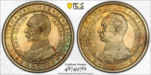 DÄNEMARK 1906 2 KRONEN PCGS MS 66 GEM BANKFRISCH MIT FANTASTISCHER BUNTER TÖNUNG - Bild 1 von 1