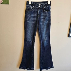 Pantalones de mezclilla Kancan tiro alto curvilíneos doble botón lavado oscuro corte bota talla 7/27 - Imagen 1 de 8
