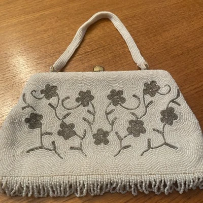 Handmade Vintage Beaded Floral Bag White Beaded Flowers Belgium Purse Clutch - Image 1 of 4