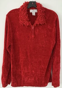 Lisa International 1/4 Zip Sweater Size M Bright Red With Fringed Collar - Picture 1 of 8