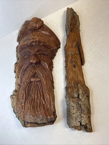1997 Hand Carved Tree Wood Old Man Face Folk Art, Signed Set Of 2 Christmas - Bild 1 von 18