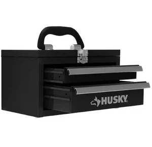 10 Zoll Schwarz Husky Metall Mini Tragbare Werkzeugkiste mit 2 Schubladen Neu - Bild 1 von 5