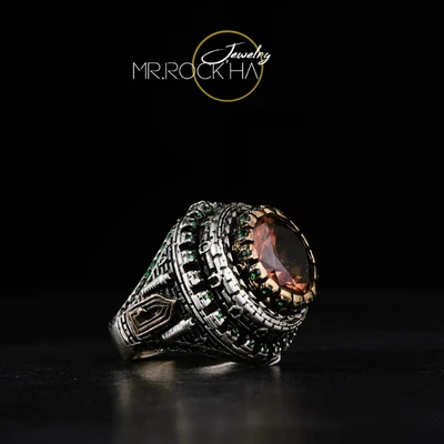 Brown Alexandrite Stone,Domed Garnet Engraving Design,925 K Silver Men's Ring - Image 1 of 4