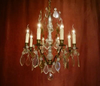 CHANDELIER ANTIQUE FRENCH LIGHT CRYSTAL GLASS BRONZE 8 LAMP c. 1920 - Image 1 of 4