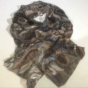 Jones New York Dark Brown Floral Paisley 100% Silk Rectangular Scarf Wrap - Picture 1 of 6