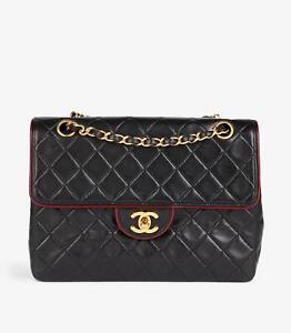 Chanel Black Lambskin Vintage Medium Classic Single Flap Bag with Red Trim
