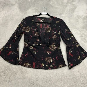 Hourglass Faux Wrap Flare Sleeve Top Womens 1X Black Floral Sheer Y2K Fairy Boho - Picture 1 of 15